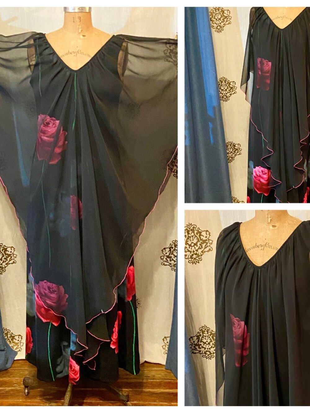 Vintage 70s Black Rose Whimsigoth Maxi Dress Chiffon Angel Cape Sleeve ILGWU S/M